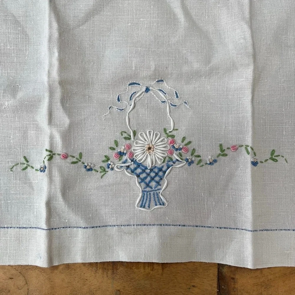 White Kitchen Dish Towel 17 x 28 in Hand-Embroidered Floral Basket Cross-Stitch